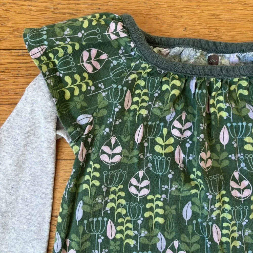 Tea Collection Girls Sz 2 Long Sleeve Cotton Green Floral Dress Spring Cottage
